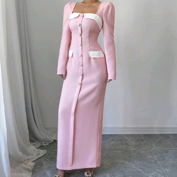 Women's Woven Contrast Color Tweed Square Neck Diamond Button Fitted Dress - Picture 4 of 6